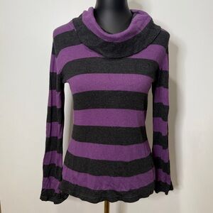 Elegant Purple and Black Striped Women's Cowl Neck Sweater